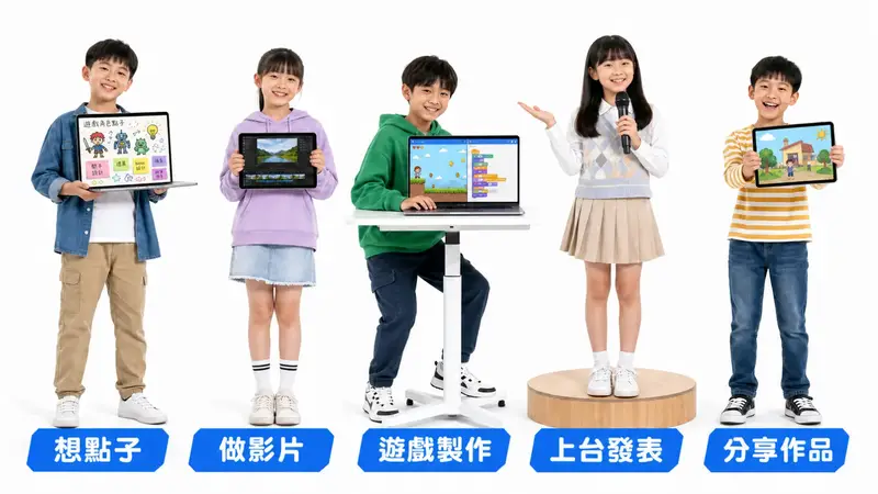 五大 AI 技能:想點子、做影片、遊戲製作、上台發表、分享作品